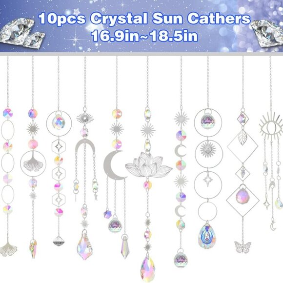 Sun Catchers, 10 Pcs Crystal Suncatcher Prism Hanging Kit with Chain Rainbow Mak - Picture 3 of 7